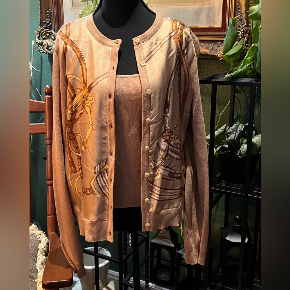 Ralph Lauren tan, silk and cashmere blend cardigan and tank top set